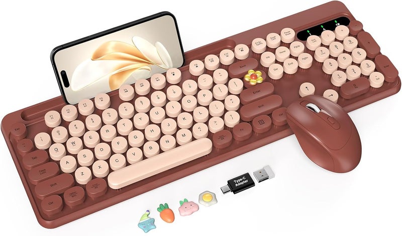 Trueque Wireless Keyboard and Mouse Combo, Retro Round Keycaps, Full-Size Cute Typewriter Keyboard with Large Phone/Tablet Holder, Auto-Sleep, 2.4GHz Cordless Connection for Windows/PC/Laptop (Wine Red) - Image 1